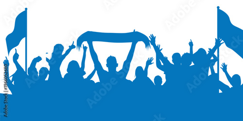Blue silhouette of soccer fans cheering with flags and scarf; crowd of people celebrating sports victory for football match banner, stadium atmosphere, and championship event poster