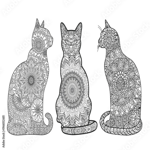Mandala Cat Line Art Set – Intricate Zentangle Cats Coloring Page Vector Illustration. Ai generated