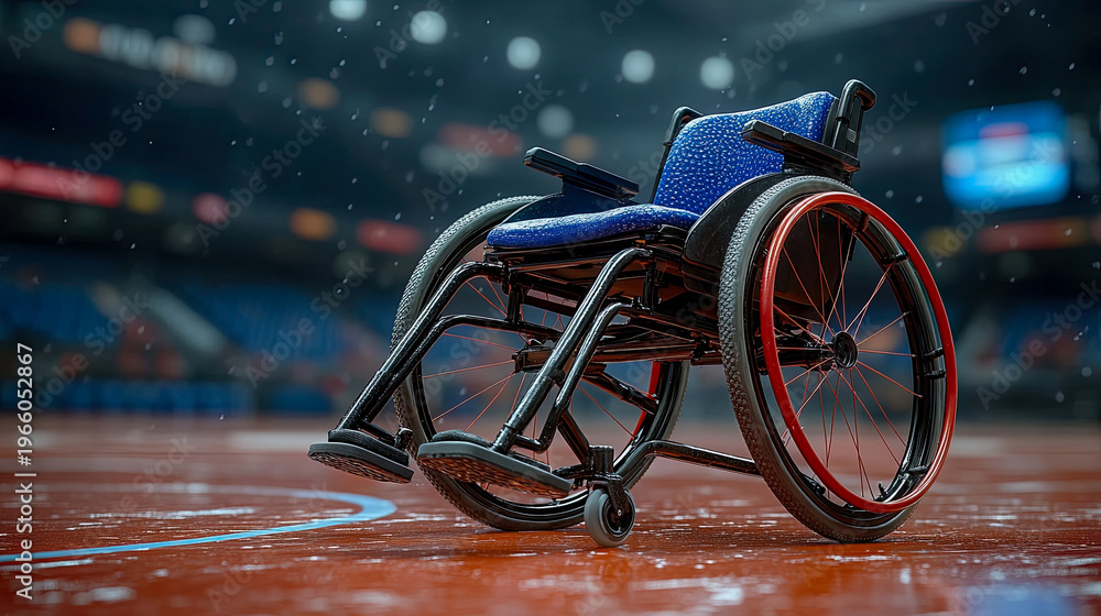 Fototapeta premium Sleek Blue Sports Wheelchair Rests on Wet Basketball Court Amidst Falling Rain, Evoking Spirit of Adaptive Sports and Unyielding Dedication