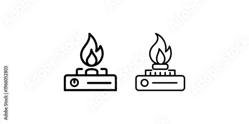 Kitchen stove burner icon set with gas flame burning for cooking food on countertop showing heat energy and domestic appliance equipment for restaurant