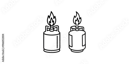 Gas cylinder tank icon set with burning flame showing propane fuel storage for industrial energy and domestic cooking heating equipment for outdoors