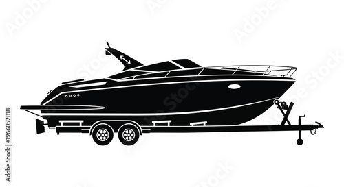 A sleek modern speedboat rests on a trailer depicted as a striking black shape a silhouette high quality professional detailed