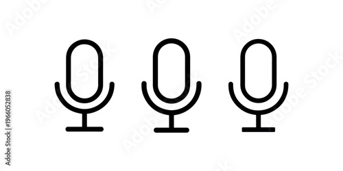 Microphone icon set for podcast recording and voice broadcast showing audio communication equipment for studio session or interview and music streaming