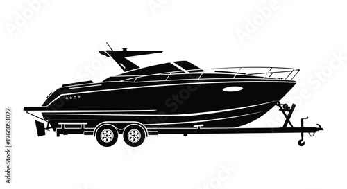 A sleek modern speedboat rests on a trailer captured in a striking black graphic silhouette high quality professional detailed elegant stylish