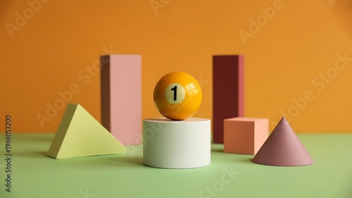 A minimalist still life composition features geometric shapes and a billiard ball on a pedestal indoors
