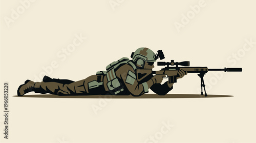 Military Sniper Aiming Precision Rifle in Prone Position Vector