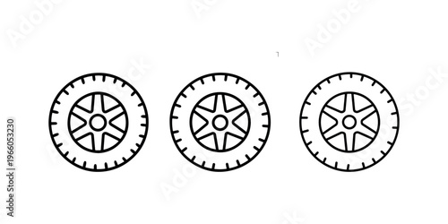 Three car wheels with treads and five spoke rims lined up isolated on white background, automotive tires, vehicle wheel icons.