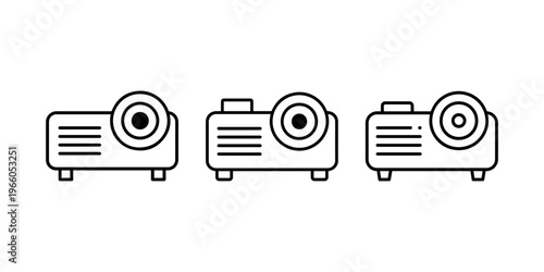 Three projectors for presentations lined up isolated on white background, digital video projector icons, modern multimedia device.