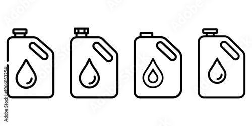 Four fuel cans with handles and liquid drop symbols isolated on white background, gasoline containers, jerrycans, fuel canister icons.