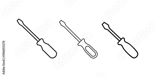 Three different screwdriver hand tool icons in thin line design suitable for repair service construction workshop diy projects and hardware shop catalog