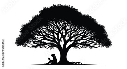 A solitary figure reads beneath the expansive branches of a large tree captured in a striking silhouette high quality professional detailed