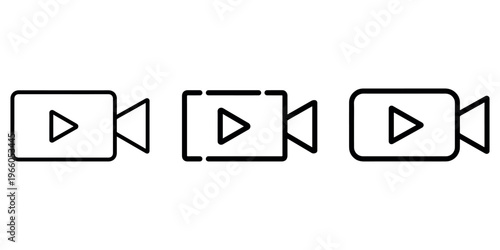 Video camera icons with play button, filmmaking symbol, recording device illustration, media capture element, retro camera design
