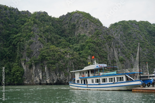 amazing rock formation in halong bay vietnam with several boats