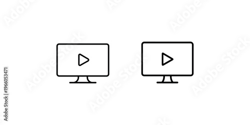 Computer monitor play button icon set represents digital video streaming services online media player interface with thin and thick outline style graphic