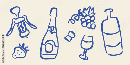 Wine naive doodle icon set hand drawn vector illustration