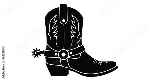 A striking black silhouette depicts a classic cowboy boot with ornate details and spurs capturing western heritage silhouette high quality professional