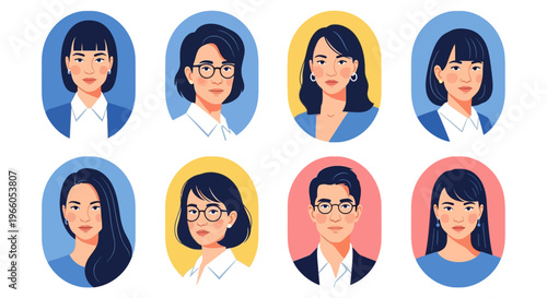 Professional business avatar set of 8 diverse people icons, modern flat vector portraits of office workers and corporate employees in colorful frames