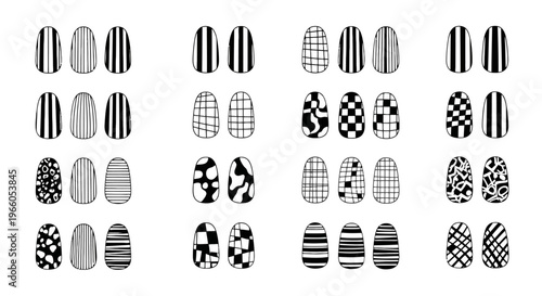 Minimalist black and white nail art patterns, set of 32 geometric fingernail designs, hand drawn monochrome manicure stickers and decals vector