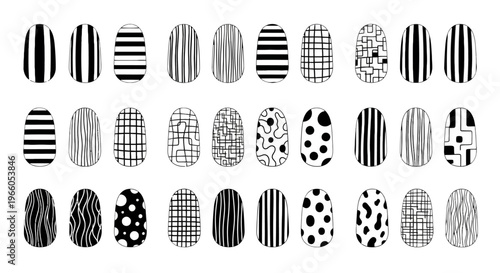 Minimalist black and white nail art designs, set of 30 geometric manicure patterns, modern fashion nail wraps vector collection for beauty salon branding