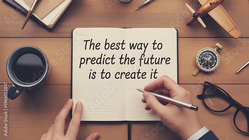 A top-down view of a person's hands holding a pen and notebook on a desk with office supplies and a motivational quote about predicting the future