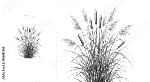 Vintage botanical cattail illustration, black and white reed grass sketch, hand drawn bulrush plant vector, wild swamp grass decorative element