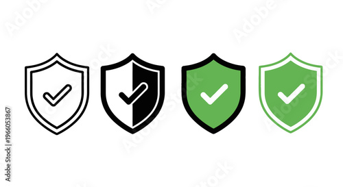 Security shield icon set with check marks, 4 green and black protection symbols, verified safety badge vector for web interface and data privacy