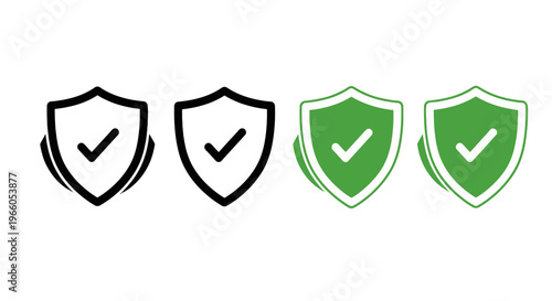 Security shield icons with check marks, green and black protection symbols, set of 4 vector elements for safety and data privacy verification