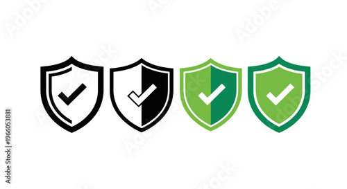 Security shield icons with check marks, set of 4 protection symbols in black and green, verified safety and data privacy vector elements