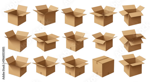 Foto Realistic cardboard box set with 15 vector elements, brown corrugated paper deli