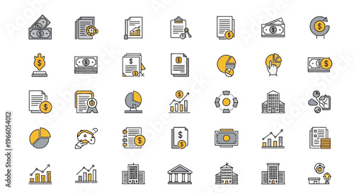 Business and finance icon set, 35 professional vector line icons for banking and investment, yellow and grey financial analytics symbols for corporate reports