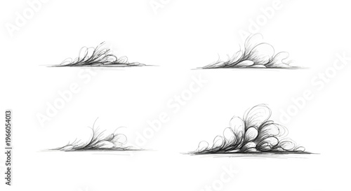 Hand drawn dust clouds and smoke trails, vintage pencil sketch wind effects, collection of 4 charcoal style motion elements for comic art