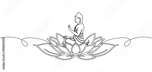 Vector illustration of a lotus flower and buddha on line art style