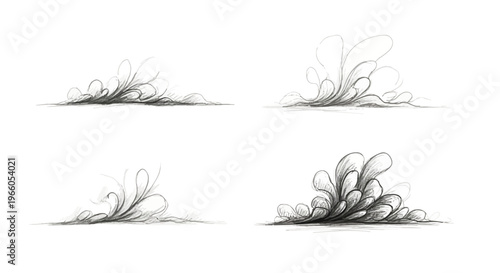 Hand drawn smoke clouds and dust trail vector set, charcoal sketch wind swirls, black and white motion effect illustrations for comic and manga