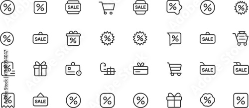 Sale icons, discount symbols, shopping cart graphics, 25 black line icons