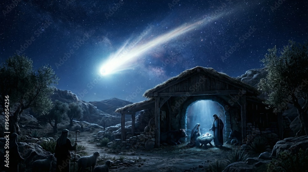 Obraz premium Nativity scene with woman, man and child in stable under starry sky with comet. Christmas celebration with holy family and sheep. Religious biblical story of birth of infant Jesus.