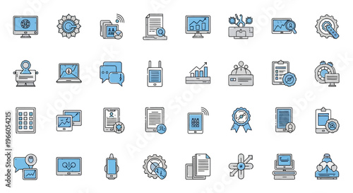 Modern technology and data analytics icons set, 32 blue and grey vector elements, digital business and software development symbols for web design