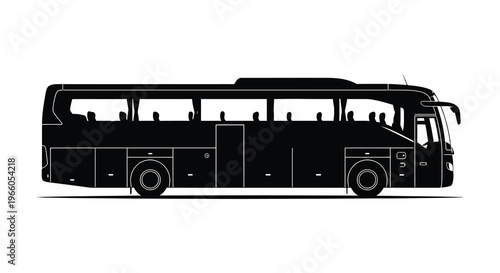 A detailed side view showcases a large passenger bus in stark black highlighting its form as a silhouette high quality professional