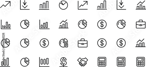 25 Business Finance Icons, Line Style, Black and White, Vector Graphics, Money Symbols, Chart and Graph Icons