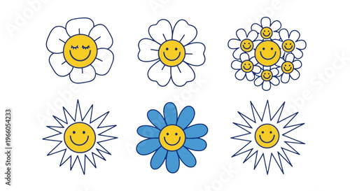 Retro daisy flower smiley face collection, set of 6 vintage hippie floral icons, blue and yellow aesthetic botanical vector illustrations