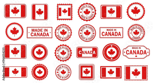 Canada flag stamps and made in Canada labels, red maple leaf rubber stamp collection, 24 Canadian product seal icons for manufacturing and export