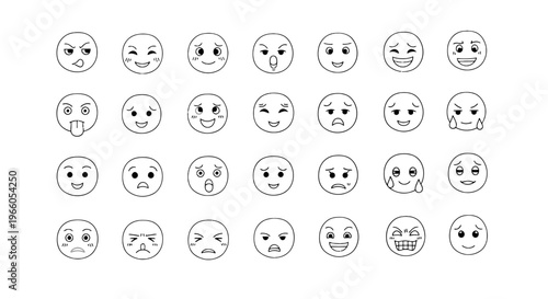 Minimalist line art emoji set, 28 expressive facial icons in vector format, simple black and white emoticon collection for digital communication
