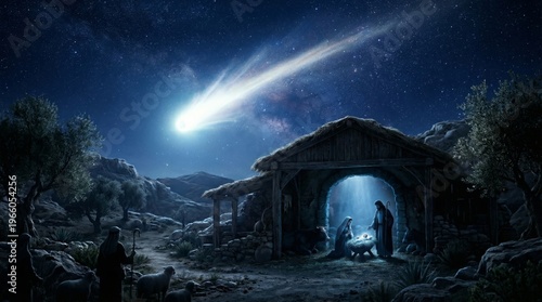 Nativity scene with woman, man and child in stable under starry sky with comet. Christmas celebration with holy family and sheep. Religious biblical story of birth of infant Jesus.