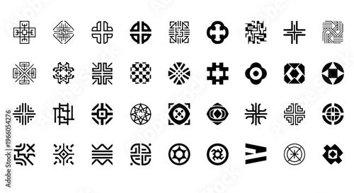 Minimalist geometric logo marks, set of 36 abstract black icons, modern linear symbols for branding and corporate identity, vector graphic elements