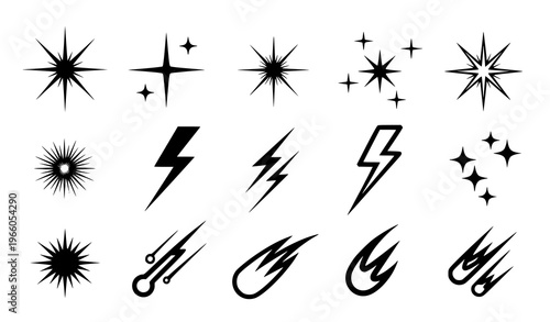 Cyber Y2K star icon set vector with sparkles flashes comets and retrofuturistic symbols isolated on white