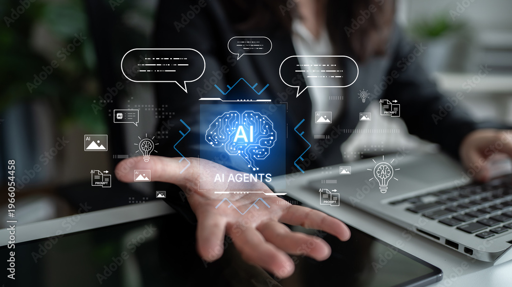 Fototapeta premium AI agents support prompt workflow, conversation and content generation, turning knowledge into actions with secure automation and measurable productivity for digital teams. Corpus