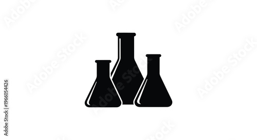 A striking black silhouette depicts three laboratory flasks of varying sizes creating a minimalist composition silhouette high quality professional detailed modern