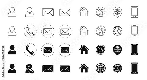 Minimalist contact icons set, 32 black and white communication symbols, thin line and solid web buttons for business cards and website design