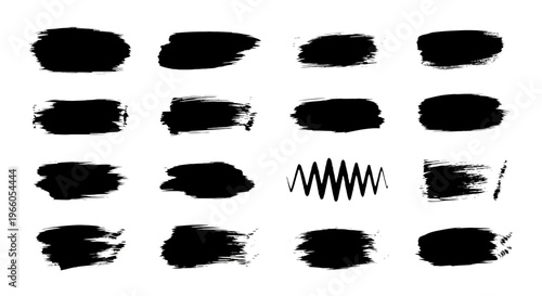 Black ink brush strokes set, 16 grunge paint smear vectors, hand drawn textured charcoal swatches, artistic calligraphy ink stains for graphic design