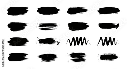 Black ink brush strokes collection, set of 16 hand-drawn paint textures, grunge vector brush strokes for artistic design and calligraphy