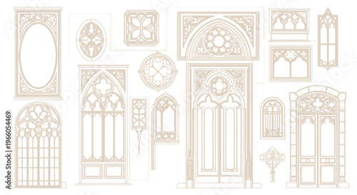 Gothic architectural elements vector set, medieval cathedral window frames and ornate doors, beige vintage church arches and stone masonry details